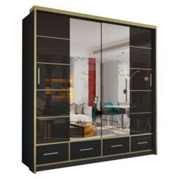 High Gloss Mirrored Sliding Door Wardrobe with Drawer - Black 203cm