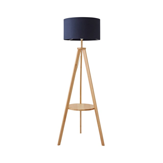 ValueLights Morrigan Navy Shade Natural Wood Tripod Floor Lamp Blue
