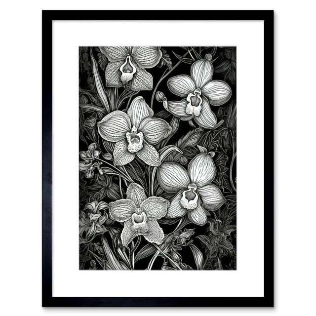 "White Black Blooming Orchid Flower Plants 9x7"" Black Framed Wall Art Print"
