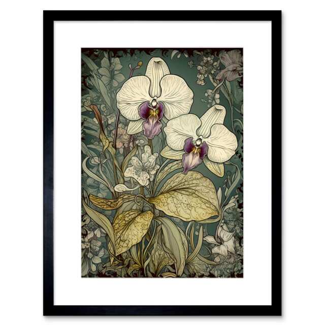 "William Morris Style White Purple Orchid 9x7"" Black Framed Wall Art Print"