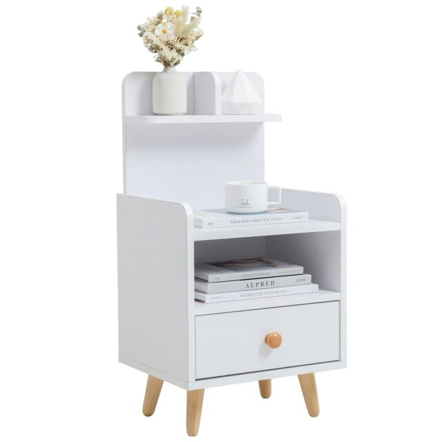 Living and Home Wooden 1-Drawer Bedside Table with a Shelf and Legs - White