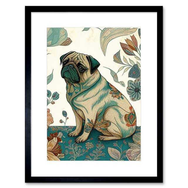 "Pug Floral Patterns Vintage Style Dog Lover Gift 9x7"" Black Framed Wall Art Print"