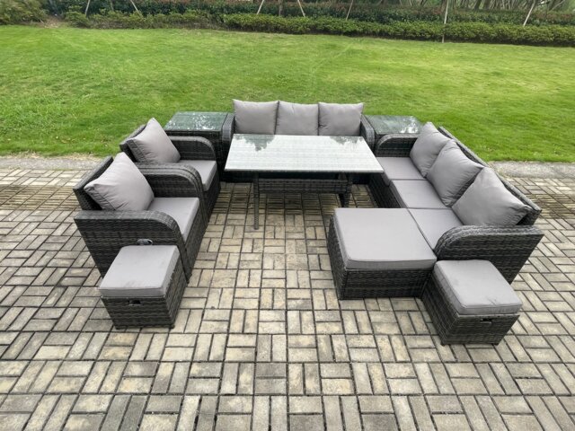 Fimous Outdoor Garden Patio Furniture Wicker Rattan Oblong Rectangular Dining Table and Lounge Sofa set with Adjustable Chair 2 Side Tables 3 Footstool Dark Grey Mixed