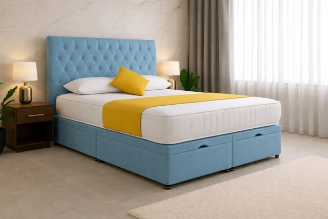Ottoman Storage Sky Blue Plush Velvet 5ft Kingsize Headboard with Mattress