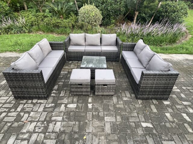 Fimous Outdoor Rattan Garden Furniture Set 11 Seater Patio Lounge Sofa Set with Square Coffee Table 2 Small Footstool Dark Grey Mixed