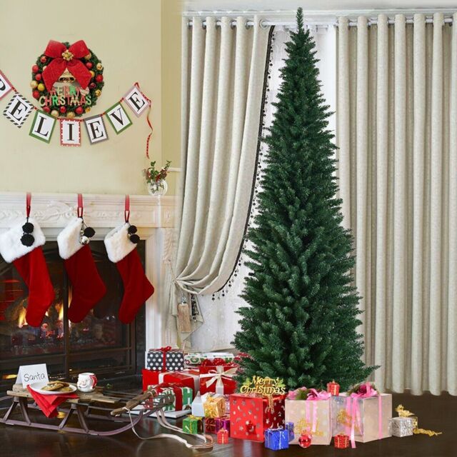 COSTWAY 8Ft Slim Pencil Artificial Christmas Tree Home Decor w/Solid Metal Legs Green