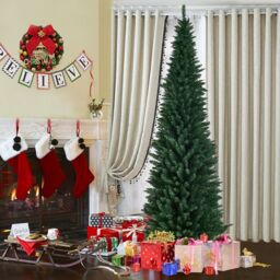 COSTWAY 8Ft Slim Pencil Artificial Christmas Tree Home Decor w/Solid Metal Legs Green