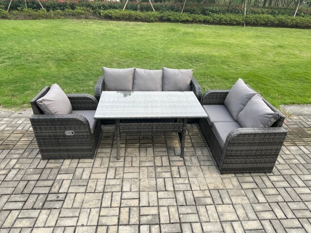 Fimous 6 Seater Garden Rattan Furniture Dining Table Sofa Set Indoor Outdoor with Reclining Chairs Dark Grey Mixed