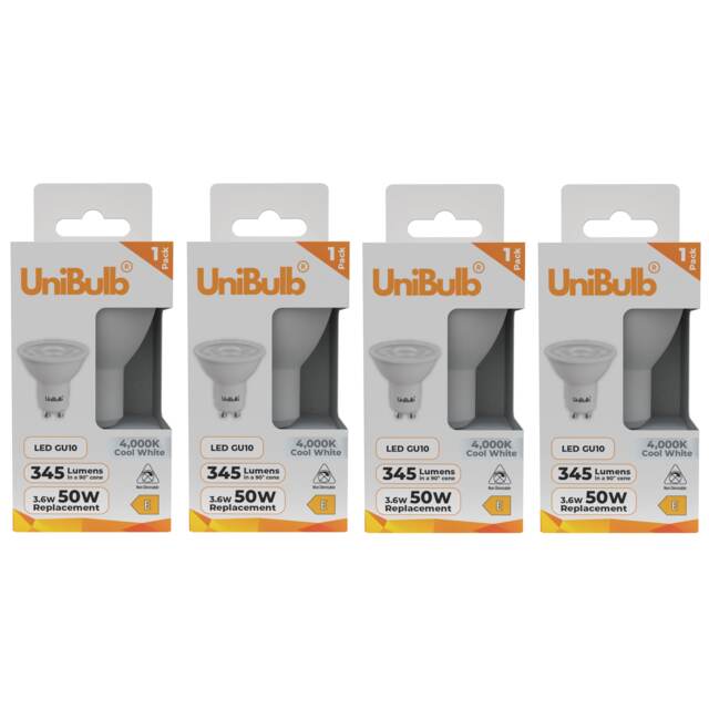UniBulb LED GU10 345lm 3.6W (Replaces 50W) 4000K (Cool White) Spotlight Downlight Light Bulb - Pack of 4 White Cool White 4