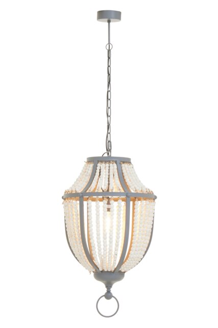 Orsina White Grey Wooden Bead Chandelier, Rustic Boho Hanging Light Fixture, Handmade Basket Drop Pendant