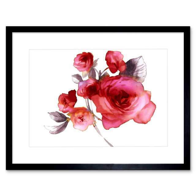 "Roses Bright Watercolour Flowers Floral Painting 9x7"" Black Framed Wall Art Print"