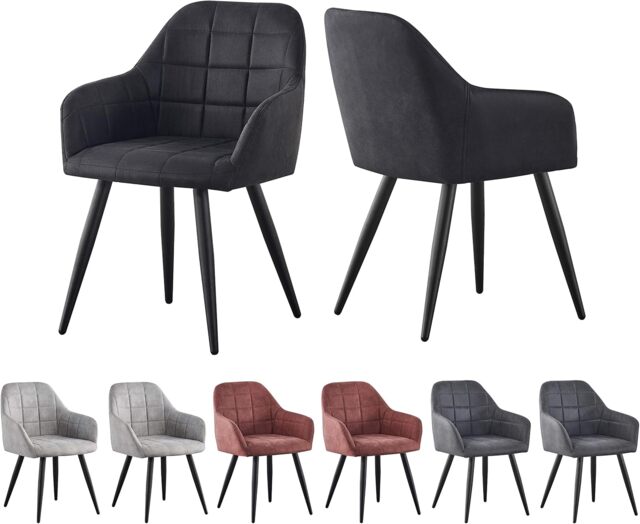 Set of 2 Faux Suede Leather Dining Chairs with Arms Adrian Black