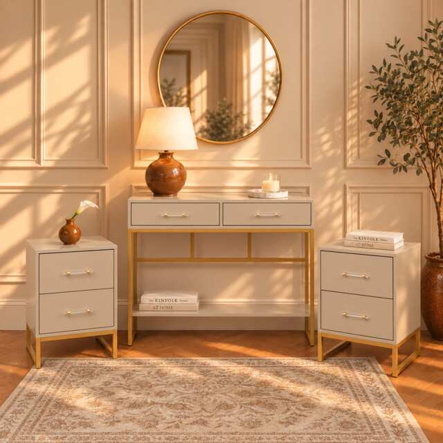 Neutral Two Drawer Dressing Table Set & Pair Of Two Drawer Bedside Tables - Liana Taupe Range