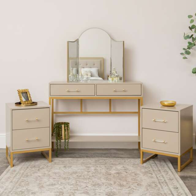 Two Drawer Dressing Table Set & Pair Of Two Drawer Bedside Tables - Liana Taupe Range