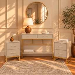 Neutral Two Drawer Dressing Table Set & Pair Of Two Drawer Bedside Tables - Liana Taupe Range