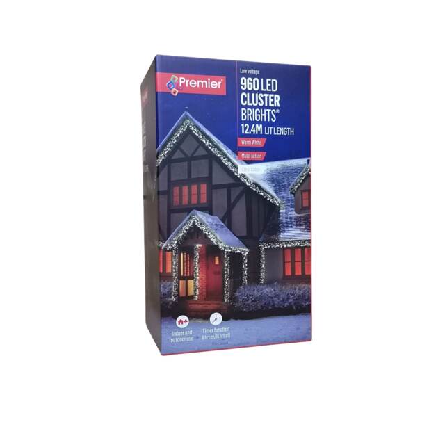 960 LED 12.4m Premier Cluster Indoor Outdoor Multi Function Mains Operated Christmas Lights with Timer on Clear Cable in Warm White