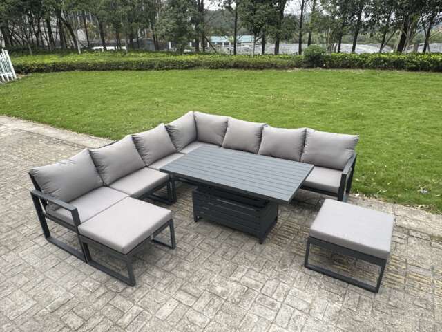 Fimous 9 Seater Aluminium Sofa Set 8 Pieces Outdoor Garden Furniture - Rising Dining Table with Cushions Dark Grey