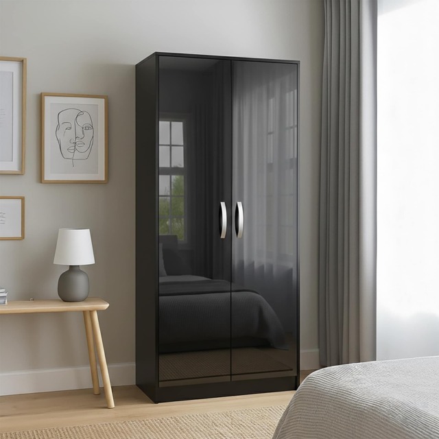 Vida Designs Hulio 2 Door Wardrobe High Gloss Doors With Shelf & Clothes Rail, Black