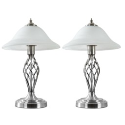 ValueLights Memphis Pair Chrome Table Lamps Frosted Shade and Bulbs