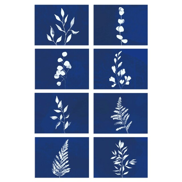 Pack of 8 White Cobalt Blue Imprint Leaf Frond Botanical Living Room Wall Art Print A4