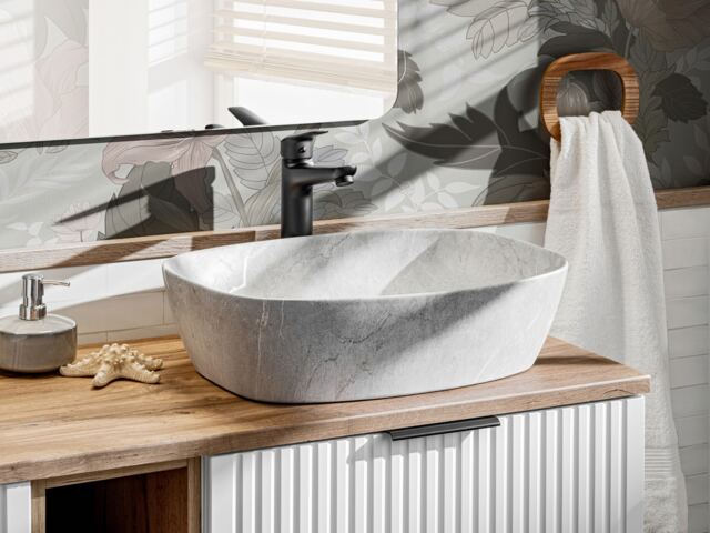 Bathroom Cabinets 800mm Vanity Unit with Oak Effect Worktop Tallboy Wall Storage White Ribbed Fluted Furniture Set Adel