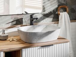 Bathroom Cabinets 800mm Vanity Unit with Oak Effect Worktop Tallboy Wall Storage White Ribbed Fluted Furniture Set Adel