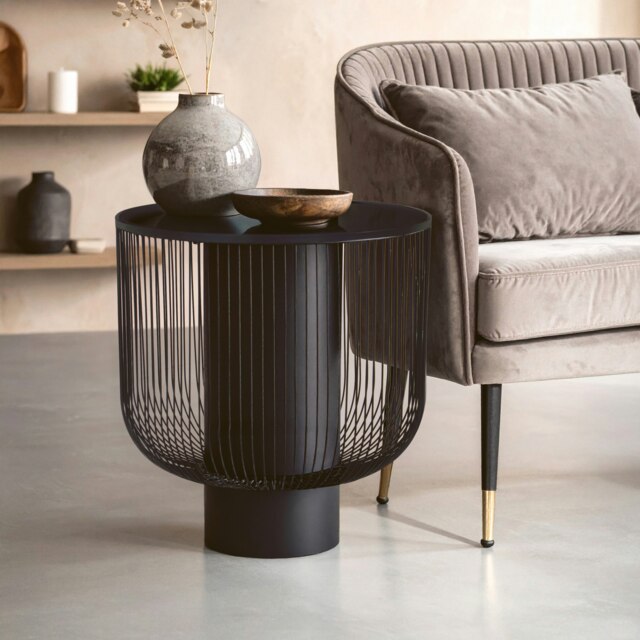 Interiors by Premier Modern Black End Table With Glass Top, Contemporary Round Side Table With Wireframe Base, Black Metal Table Black