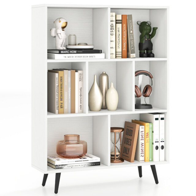 COSTWAY 7 Cube Bookcase Mid Century Modern Storage Organizer White