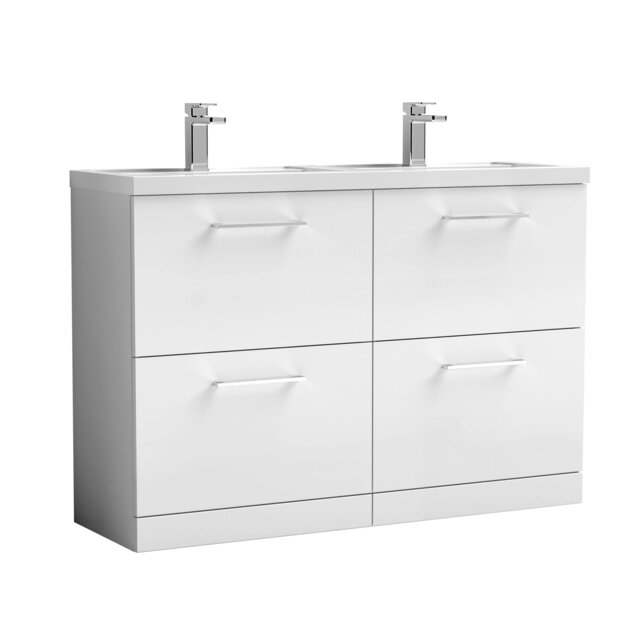 Balterley Level Floor Standing 4 Drawer Vanity Unit with Double Basin, Handles & Overflow for Bathroom Storage White Gloss White 840 x 1205 x 383mm