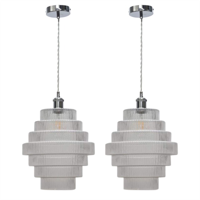 Set of 2 Benson - 7 Tier Glass & Chrome Ceiling Pendant Lights