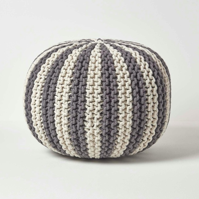 Homescapes Off White and Grey Knitted Pouffe Striped Footstool - 40 x 50 cm