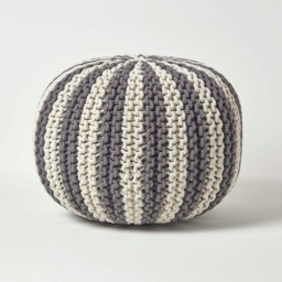 Homescapes Off White and Grey Knitted Pouffe Striped Footstool - 40 x 50 cm
