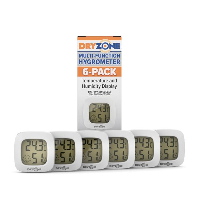 Dryzone Hygrometer (6-Pack) Mini Digital Thermometer & Humidity Monitor with Emoticon Display for Mould & Condensation Prevention