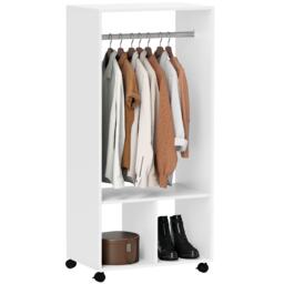 HOMCOM Open Wardrobe on Wheels, Bedroom Wardrobe with Clothes Hanging Rail, 2 Storage Shelves, Mobile Garment Rack for Cloakroom, Hallway, White