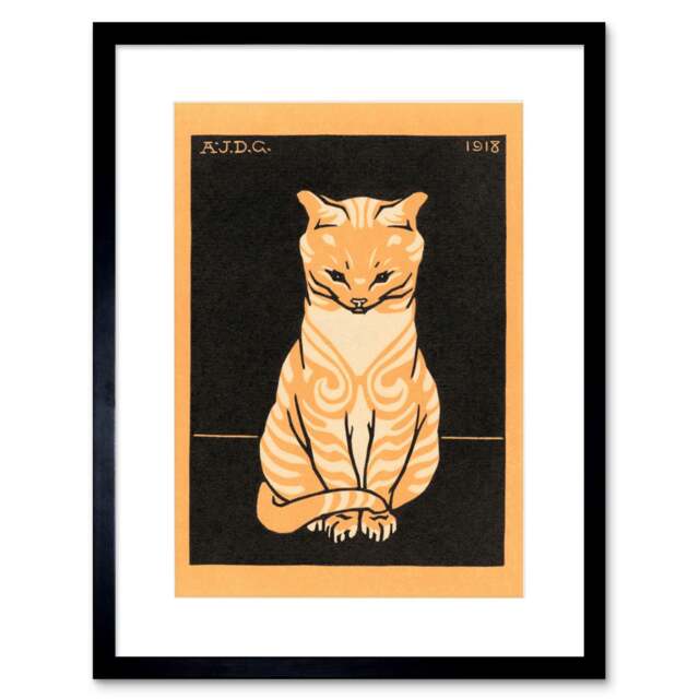 "Sitting Tabby Julie De Graag Cat Lover 9x7"" Black Framed Wall Art Print"