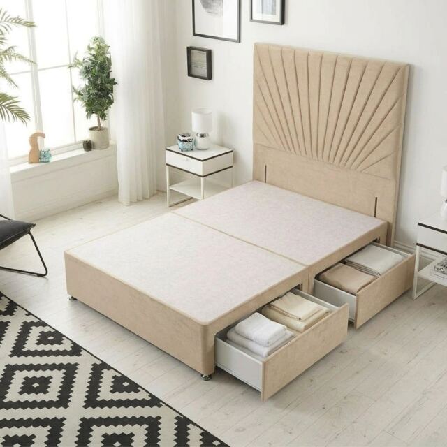 Sunburst Divan Bed with 2 Drawers & 54'' Floor Standing Headboard Plush Velvet Brown Beige