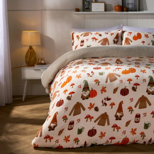 OHS Autumnal Pumpkin Fall Gonk Halloween Soft Cosy Warm Plush Fleece Duvet Cover and Pillowcase Bedding Set Multi Cream/Rust Double