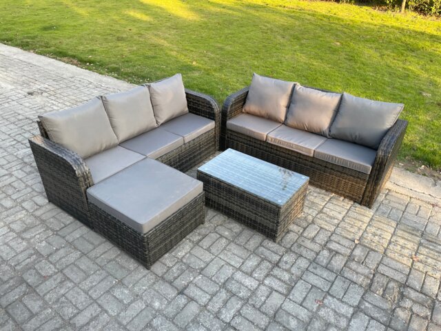 Fimous Outdoor Garden Furniture Sets 7 Seater Wicker Rattan Furniture Sofa Sets with Rectangular Coffee Table 3 Seater Sofa