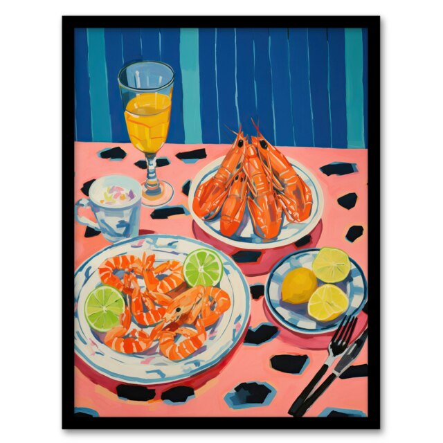 Party Shrimp Yellow Pink Kitchen Home Decor Black Framed Wall Art Print A4