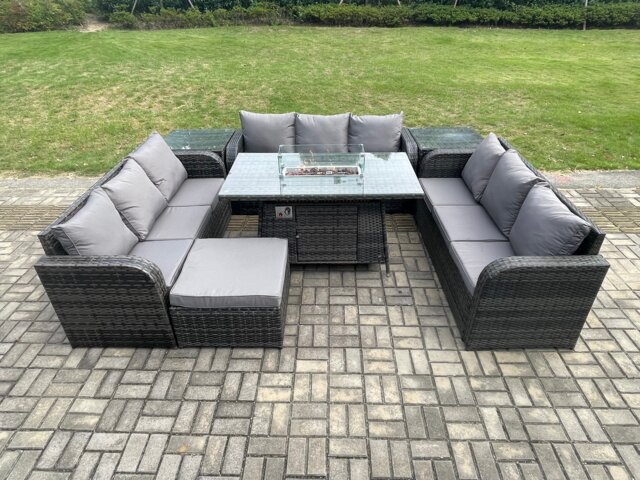 Fimous Rattan Furniture Garden Dining Set Gas Fire Pit Table With 2 Side Tables Lounge Sofa Big Footstool Dark Grey Mixed