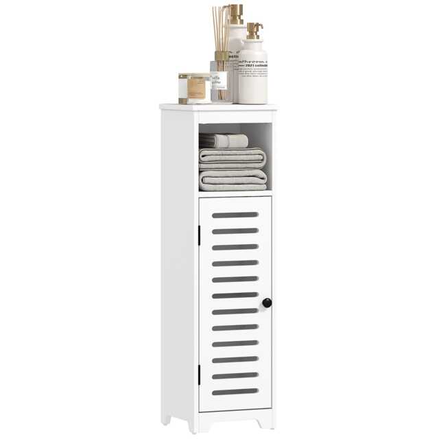 HOMCOM Slim Bathroom Floor Cabinet with Louvered Door, Bathroom Storage Unit with Open Shelf, Adjustable Shelf, Freestanding Bathroom Cabinet Storage Cupboard, for Bathroom Living Room Kitchen, White