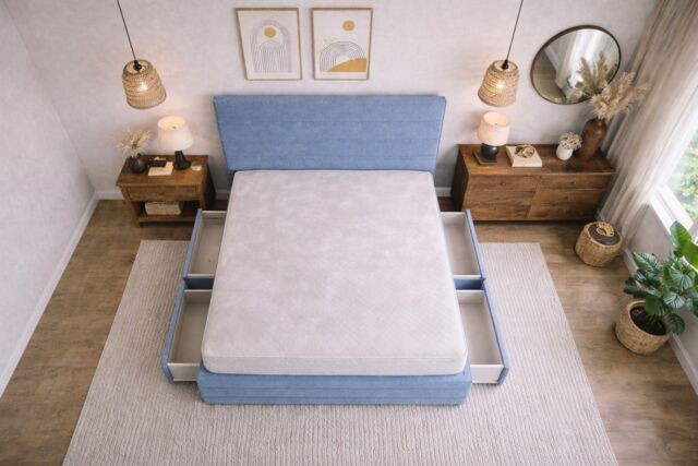 Divan Bed Set Headboard and Footboard with Mattress 3ft Single Ice Blue Suede Storage 2 Drawers Right Side Laying in Bed