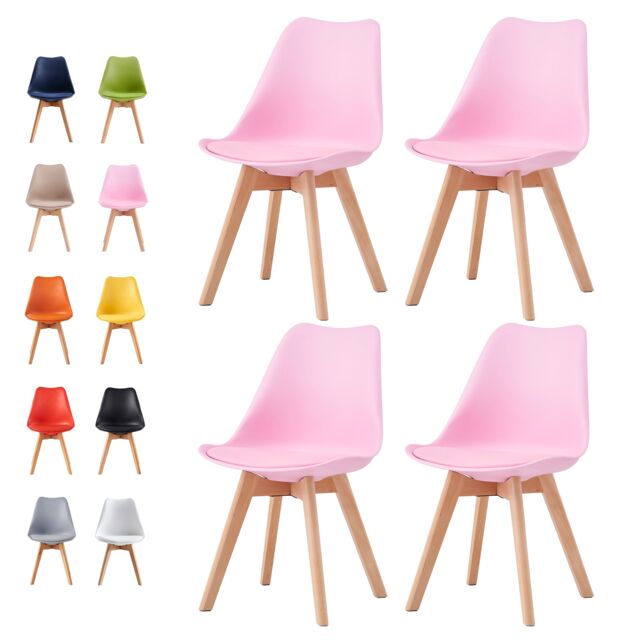 Set of 4 Dining Chairs with Solid Wooden Legs and Seat Cushion Pads in Pink- Eva by MCC
