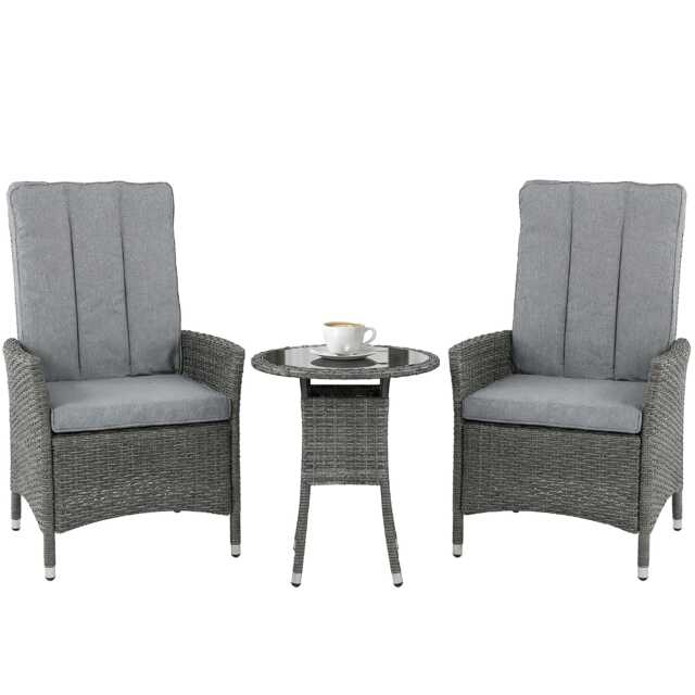 Outsunny Rattan Bistro Set, Reclining Garden Chairs and Table, Grey Grey Grey Chair: 59 x 59 x 100 cm Table: 50 x 50 x 58 cm