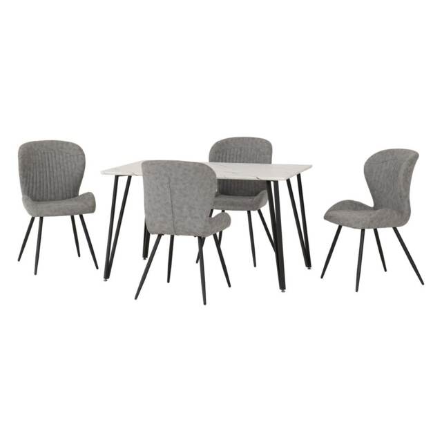 Marlow & Quebec Indoor Dining Set with 4 Chairs - White Marble - Grey Grey White Marble/Grey Faux Leather 5