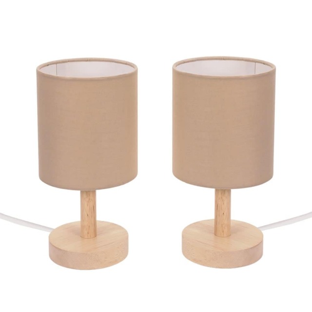 ValueLights Nelly Pair of Natural Shade with Wooden Base Bedside Table Lamps and Bulbs