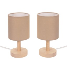 ValueLights Nelly Pair of Natural Shade with Wooden Base Bedside Table Lamps and Bulbs