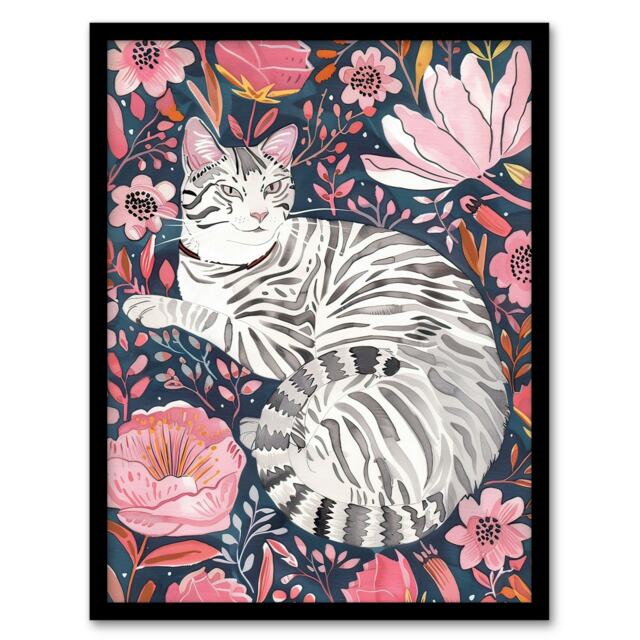 Striped Cat Laying in Pink Wildflowers Watercolour Black Framed Wall Art Print A4