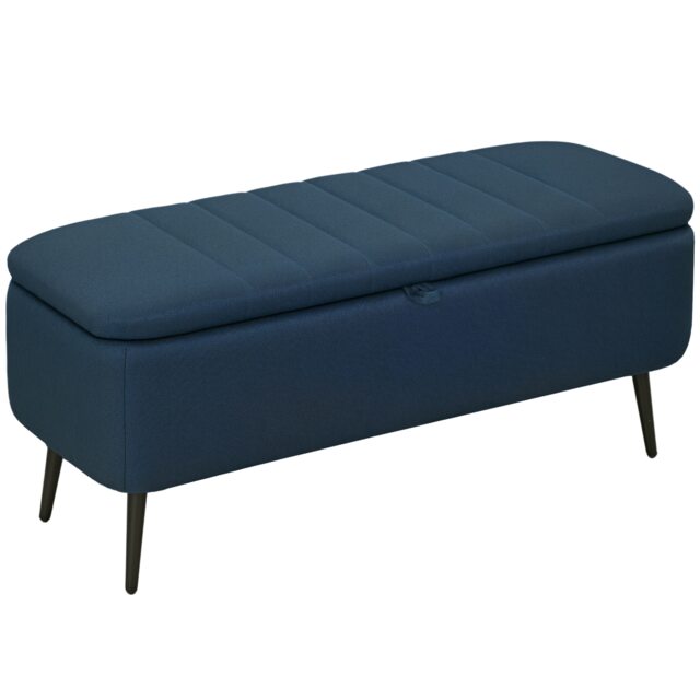 HOMCOM Storage Ottoman Bench, Linen Fabric Footstool with Steel Legs Blue Blue 1