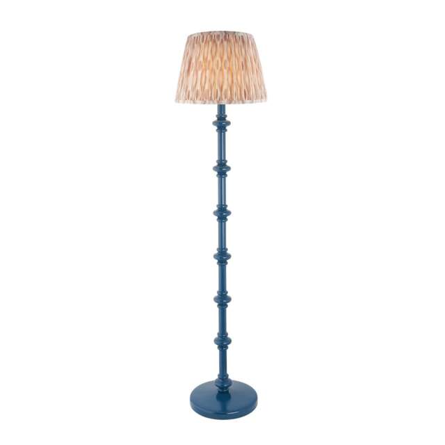 Carnaby Satin Marlin Blue Paint Floor Lamp with Neutral Print Fabric Ikat Shade 35cm B22
